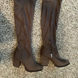 Marc Fisher brown heeled boots, ties at top of boot.